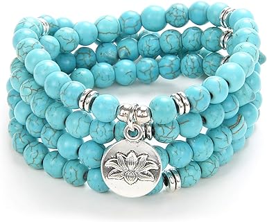 Bead Chain No-Clasp Sandalwood Bead Bracelet with Green Turquoise and Lotus Charm for Meditation/108 Bead Mala Design