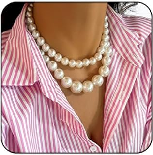 Large Pearl Choker Necklace for Women Chunky Pearl Strand Layered Necklace Vintage White Round Beads Imitation Pearl Necklace Wedding Party Jewelry