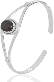 Handcrafted Sterling Silver Labradorite Cuff Bracelet for Women featuring Onyx, Turquoise, and multiple other Gems - Hinged, Clasp-Free Design from India