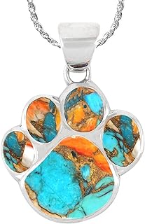 Genuine Compressed-Turquoise Dog/Cat Paw Pendant Necklace with Lobster-Claw Clasp, 925 Sterling Silver, Perfect for Pet Lovers, Made in Philippines