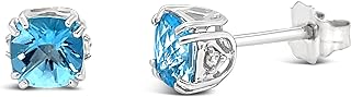 Charming 14k White Gold Cushion Stud Earrings with Push Back Closure - Featuring 5mm Checkerboard Cut Blue Topaz and Diamond Accents - Perfect Women's Gift for December Birthdays, Anniversaries, Valentine's or Mother's Day