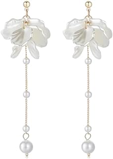 White Flower Dangle Earrings for Women Pearl Flower Drop White Floral Earrings Spring Earrings Golden Studs for Girls Women Bride Wedding Jewelry Gift