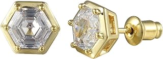 [RIZILIA BEEHIVE] Hexagon Pierced Stud Earrings with Custom-Cut 2CT 6mm Gemstone [White Cubic Zirconia] in 18K Gold Plated