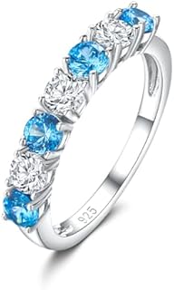 925 Sterling Silver Birthstone Rings for Women Girls Created Gemstone Half Eternity Band 7 Stone Wedding Band Birthstone Jewelry Size 6-10 (with Gift Box)