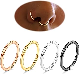 Surgical Steel Nose Rings Hoops - 4pcs Hypoallergenic 20G 16G 18G Hoop Nose Rings for Women Men, Hinged Clicker Nose Rings, Septum Rings, Small Lip Rings, Helix Cartilage Earring Piercing 6mm 7mm 8mm 9mm 10mm