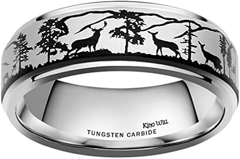 King Will Mens 6mm 8mm Black Silver Tungsten Carbide Wedding Ring Inlaid Lasered Seagull/Forest Landscap/Panda/Deer/Hunting/Fly Fishing Brushed Wedding Rings for Men Women