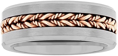 Tantalum Carbide 8mm Silver Tone Brushed Finish with Rose Gold Tone Braided Center Men’s Wedding Band Ring