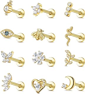 JeryWe 12Pcs 16G Cartilage Stud Earring for Women Stainless Steel Top Screw Flat Back Earrings Bee Butterfly Snake Evil Eye Moon Heart CZ Cartilage Earrings Nose Rings Studs Conch Helix Tragus Piercing Jewelry