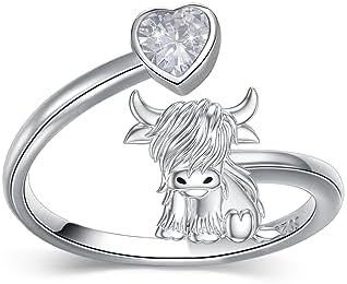 Sterling Silver Highland Cow and Mushroom Shaped Ring with Cubic Zirconia for Women