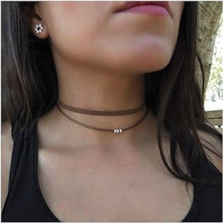 Punk Black Leather Choker Necklace Bohemian Layered Leather Cord Necklace Bead Pendant Necklace Chain Vintage Ball Choker Necklace Jewelry for Women and Girls