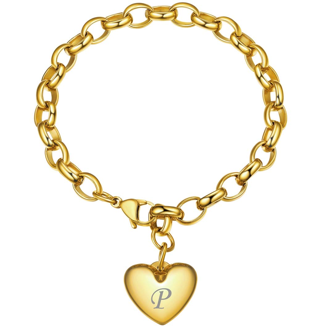 Chic GOLDCHIC JEWELRY Women's Heart Charm Bracelet in 18k Gold, Adjustable Stainless Steel Initial Alphabet Design with Lobster Claw Clasp and Cable Chain - Add More Charms!