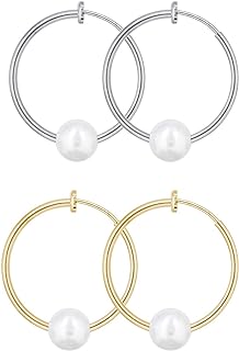 YOQUCOL 2 Pairs Clip On Hoop Earrings for Women Simulated Freshwater Pearl Non Pierced Ears Spring Hoops