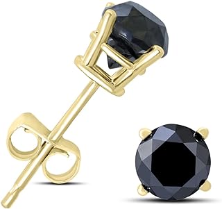 10K Yellow Gold, Push-Back Closure, Round Black Diamond Solitaire Stud Earrings for Men & Women - Elegant Design