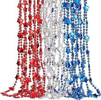 Junkin Patriotic 120-Piece Star Bead Necklace Set, USA-themed Red, Silver and Blue Colors with Comfortable Plastic Chain - Perfect for Independence Day, Memorial, Veterans Day Celebrations