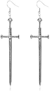 Vintage Silver Long Sword Dangle Earrings with French Wire Back Finding for Women - Retro Gothic Punk Design