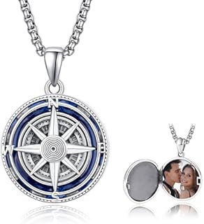 Sterling Silver Locket Necklace Compass Photo Locket Memory Pendant Necklace for Women Men Girls With Stainless Steel Pearl Chain 22+2inch(Blue Locket)