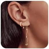 14K Gold Plated Brass Hoop Earrings with Cubic Zirconia & Chain Dangle Design for Women - Hypoallergenic CHESKY Set for Multiple Piercings