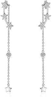 Sterling Silver Star Drop Earrings with Cubic Zirconia for Women, Unique Push Back Design