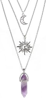 papasgix Amethyst Crystal Necklaces Spiritual, Quartz Healing Crystal Necklace Pendant Jewelry with Moon Sun and Star, Layered Healing Crystals Stone Necklaces for Women