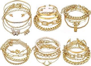 17IF 24-25 Pcs (6 Pack) 14K Gold Ankle Bracelets Set for Women Girls Boho Stackable Bangles Cuff Charm Chunky Wrist Jewelry
