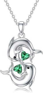 Sterling Silver Dolphin Pendant Necklace with Cable Chain and Lobster Clasp Adorned with Cubic Zirconia Birthstone