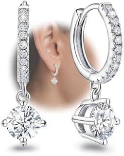 Hoop Earring with Dangle Round- Sterling Silver Hoop Earrings for Women Trendy Hypoallergenic Small Loop Earrings with Dangling Charm for Sensitive Ears Cubic Zirconia Fashion Huggie Earrings Gifts
