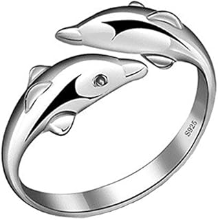 Dolphin Engagement Ring with CZ Crystal and Adjustable Copper Finger Band