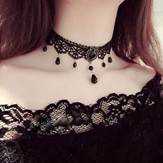 Ball Clasp Gothic Choker Necklace with Rhinestone Pendant on Cable Chain for Women and Girls - Black Lace Design