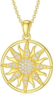14K Yellow Gold Sun Pendant Necklace with Cubic Zirconia for Women, Crescent Moon and Sun Design, Cable Chain
