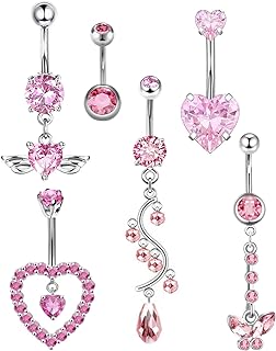 Surgical Stainless Steel Dangle Belly Button Rings for Women Belly Ring Dangling Piercing Jewelry with Heart Flower Butterfly Silver Gold Tone 14G