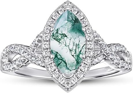 Marquise Cut Moss Agate and Moissanite Engagement Ring in Platinum Plated Silver or 18K White Gold for Women by Blocaci