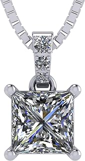 Platinum Pendant Necklace with Box Chain & Lobster Clasp, Central Diamond Center Princess Cut Solitaire, Sterling Silver & Cubic Zirconia for Women, Elegance Design