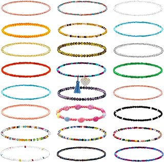 Yomlry 24-Piece Beaded Anklet Set with Bead Chain & Spring Ring Clasp - Featuring Bohemian and Beach-Style Designs, Colorful Tassels, and Cubic Zirconia Gems - Lightweight, Elastic, Waterproof & Handmade