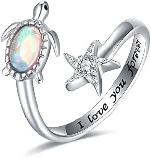 Exquisite Sterling Silver Opal Turtle Wedding Ring - Adjustable Size and Oceanic Design for Women