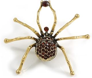 Pin Clasp Gold-Plated Large Amber Spider Brooch with Crystal Accent for Style-Conscious Individuals - Unique Insect-Inspired Design