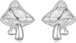 Sterling Silver Mushroom Stud Earrings with Aquatic Agate Gems, Push Back Design for Women and Girls