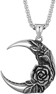 Stainless Steel Crescent Moon Pendant Necklace with Cubic Zirconia Rose Flower Design and Lobster Clasp on Box Chain