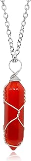 Women's Red Carnelian Crystal Healing Necklace with Cable Chain, Real Carnelian Gem, Unique Design in Alloy Metal - Silver