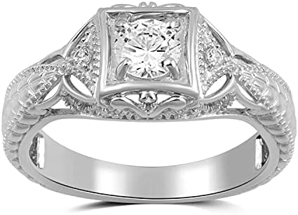 Jewelili Sterling Silver Ring with Round Cubic Zirconia, Vintage Engagement Ring for Women, Classic Design