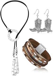 Lobster Clasp Cowgirl Wedding Rings Alloy Set for Women - Bohemian Design - Including Pendant Long Choker, Faux Leather Layered Bracelet & Dangle Earrings