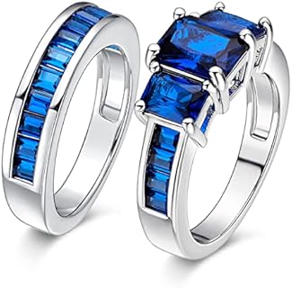 MDFUN Two-in-One Rings Set Created Blue Spinel 18K White Gold Plated Blue Cubic Zirconia Rings for Women Wedding Promise Engagement 2pcs Size 5-10