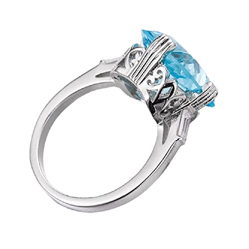 KOICCVQQ Vintage Fashion Women 925 Sterling Silver Cut Aquamarine Cubic Zircon Blue Topaz Four Claw Engagement Wedding Ring Cocktail Knuckle Stacking Finger Rings (Size 9)