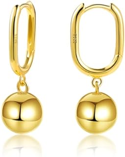 Hoop Back 14K Gold & Sterling Silver Trendy Dangle Drop Ball Earrings for Women and Girls - Hypoallergenic Stylish Jewelry