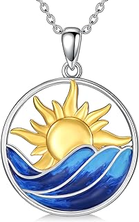 925 Sterling Silver Boma Sun Pendant Necklace with Base Gem on Chain for Women, Wave and Sunrise Design - Perfect Mother's Day Gift