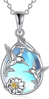 Sterling Silver Moonstone Hummingbird Pendant Necklace with Rolo Chain for Women and Girls | Delicate Cross Design Jewelry Gift