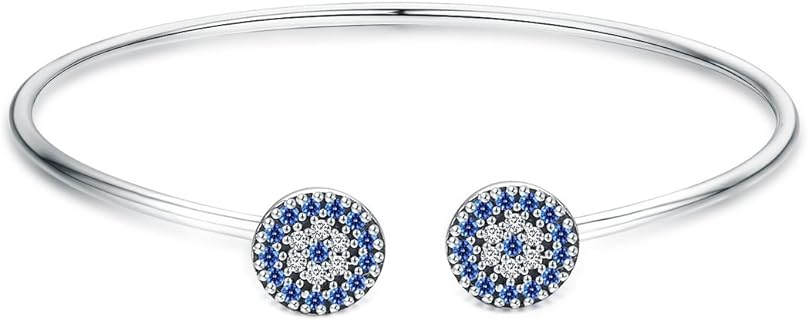 BISAER Sterling Silver Bangle Bracelet with Eye-Catching Blue Evil Eye and Cubic Zirconia on Adjustable Box Chain - Symbolic and Fashionable Women's Accessory