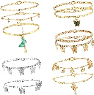 Hicarer 11 Pieces Anklets for Women Cute Charms Butterfly Ankle Bracelets Rhinestone Anklets Boho Beach Layered Chain Anklets for Girls Foot Jewelry