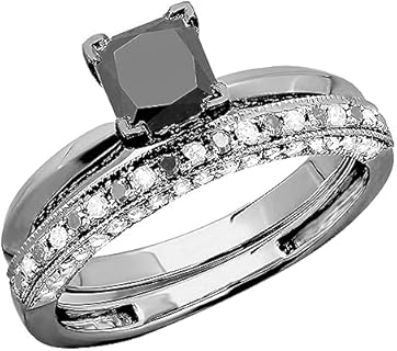 Princess Cut Black Diamond & Round White Diamond Wedding Ring Set in Black Plated 10K White Gold for Women