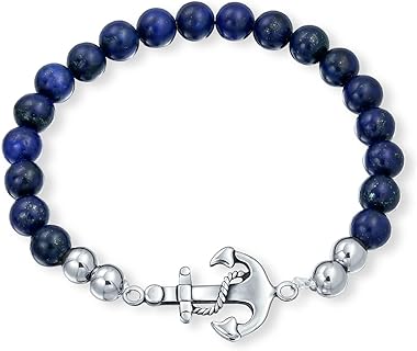 Bling Jewelry Bali Vacation Style Nautical Tropical Navy Blue Lapis Lazuli Nautical Rope Boat Anchor Blue Turquoise Fish Pisces Zodiac Charm Bead Stretch Bracelet For Women Teens Silver Plated