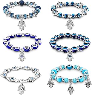 Hicarer 6 Pieces Evil Eye Bracelet Blue Beaded Charm Stretch Bracelet Blue Eye Stretch Amulet Bracelets for Valentine's Day Gift Protecting and Blessing Men and Women
